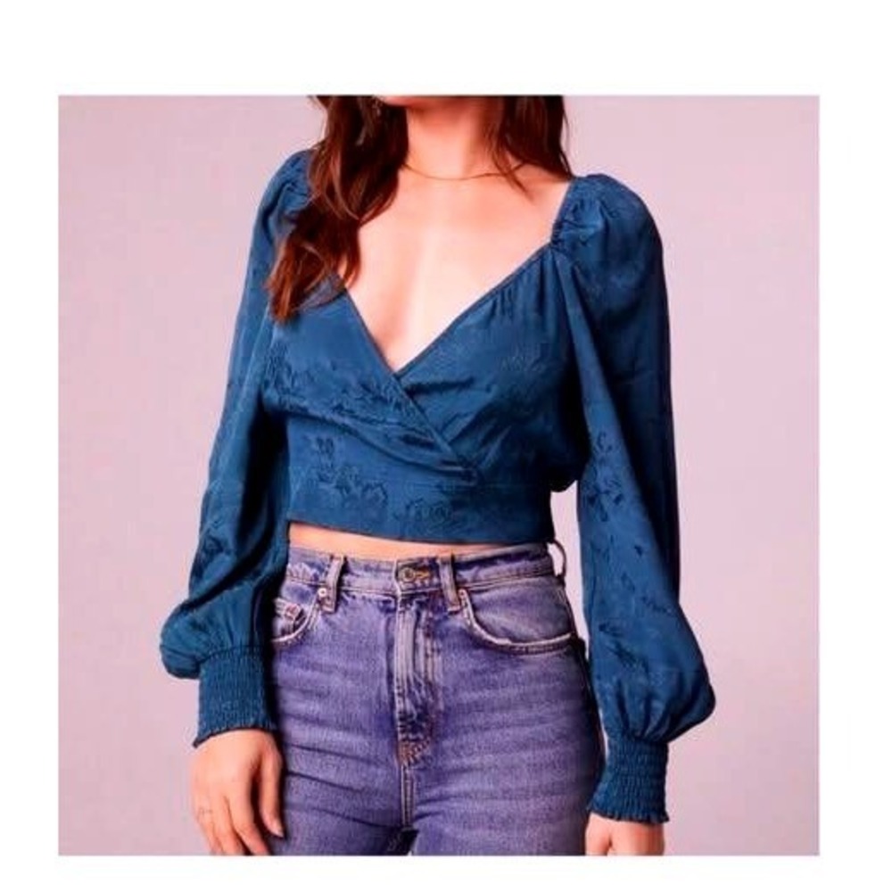 Band of the Free/Camille Deep Teal Satin/Jacquard Balloon Sleeve Crop Top/XS/NEW